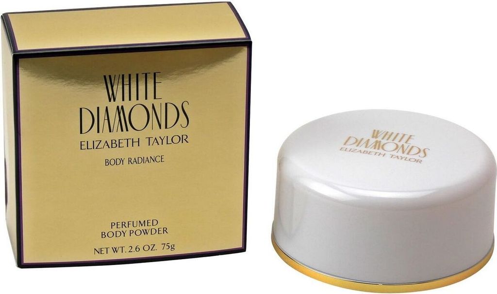 Elizabeth Taylor White Diamonds Body Powder in eleganter weiß-goldener Dose mit passender goldener Verpackung, 75 g.
