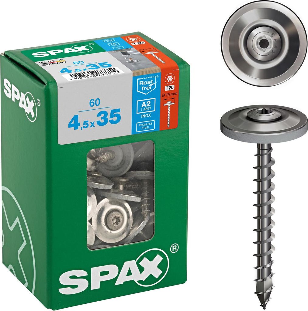 SPAX Spenglerschraube, 4,5 x 35 mm, 60 Stück, Vollgewinde, Linsensenkkopf, T-STAR plus T20, 4CUT, Edelstahl rostfrei A2, Dichtscheibe 15mm - 45870...