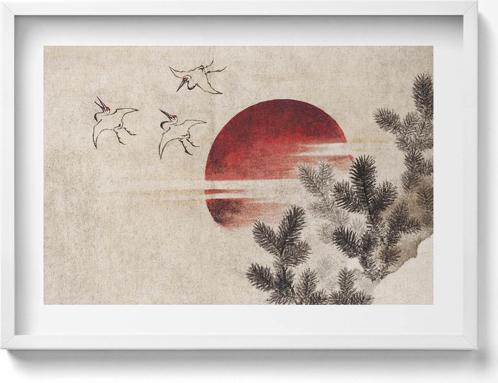 Japanische Sonnenuntergang Kunst– Wandbild mit Rahmen – Gerahmtes Bild – Wanddekoration – 70x50 cm – Weiß Rahmen
