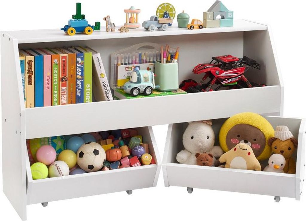 Holz Kinderregal mit Stauraum - Mobiler Spielzeugschrank mit 2 Schubladen - Aufbewahrungsschrank für Spielzeug - Spielzeugregal für Schlafzimmer,...
