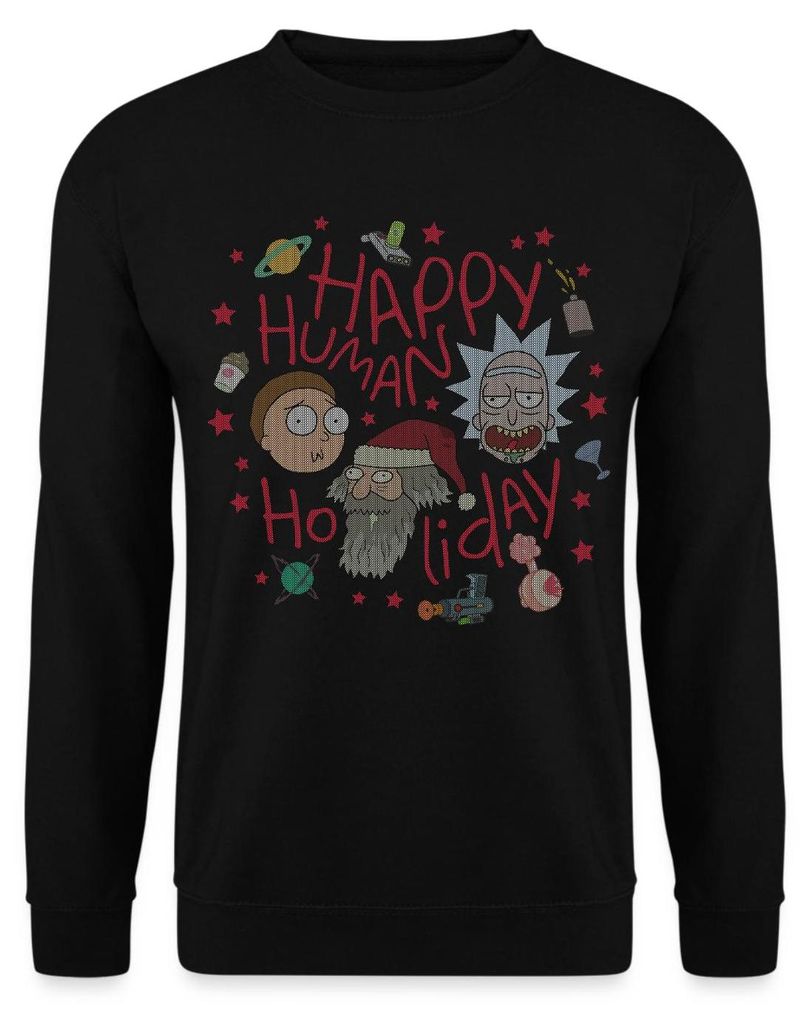 Spreadshirt Rick and Morty Happy Human Holiday Ugly Christmas Uni Pullover, XXL, Schwarz