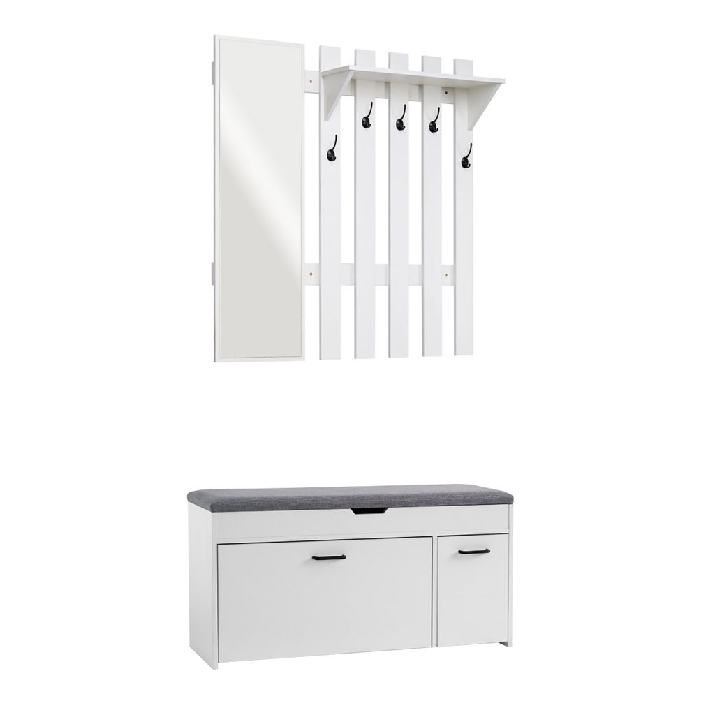 A white entryway set including a shoe bench and a coat rack with a mirror.