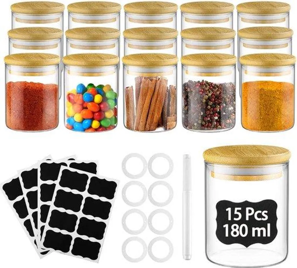 Pots à épices en verre borosilicate lot de 15 pour rangement cuisine