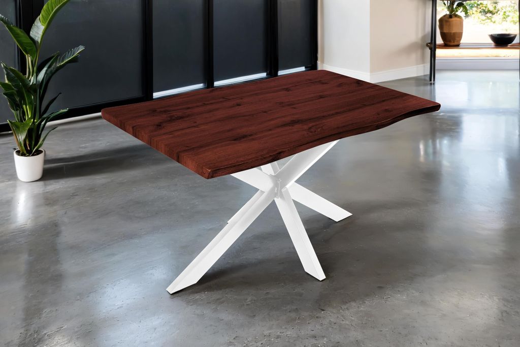 Esstisch 120x80 cm Baumkante Holz Nussbaum-Optik Spider-Gestell Metall weiß JOSY