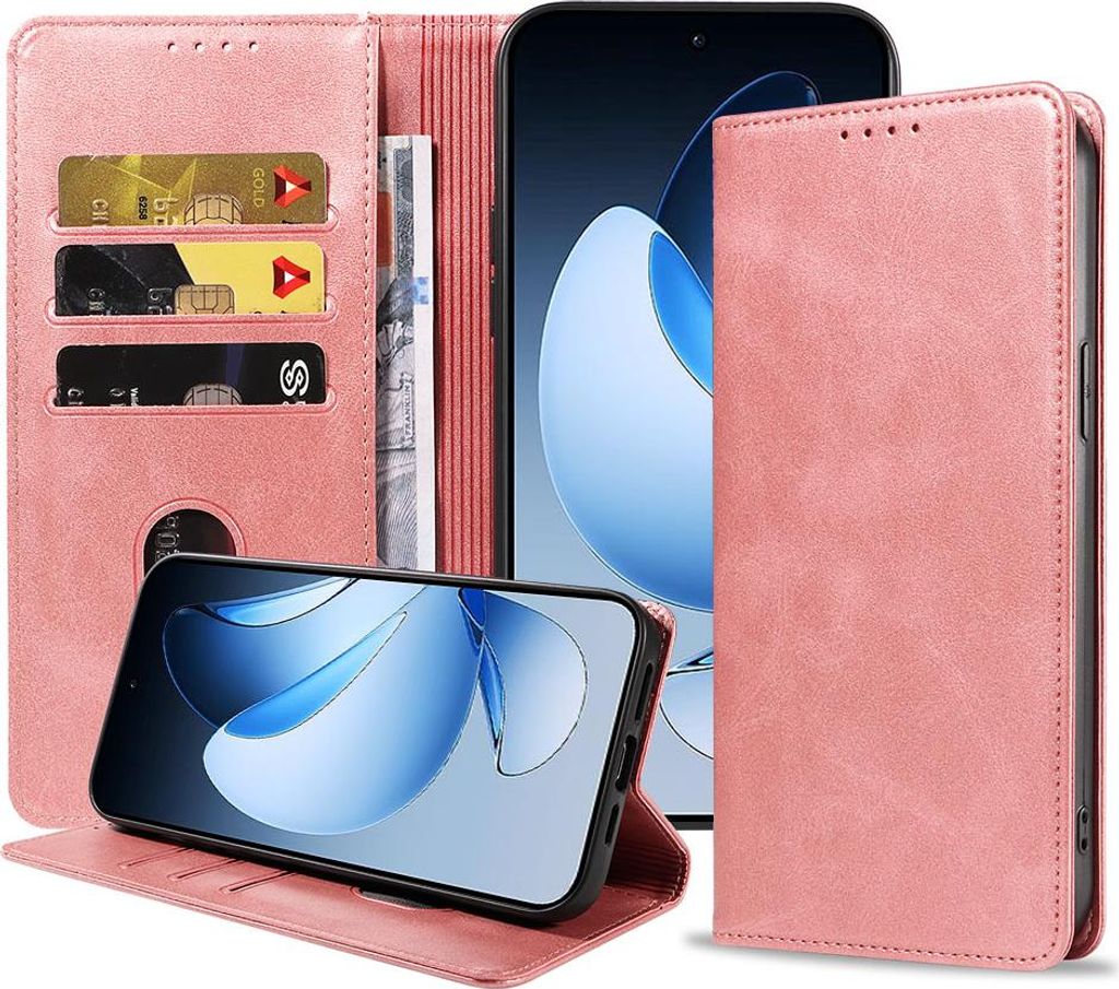 Geeignet für Oppo Reno 13 Handytasche Kunstleder mit Magnetverschluss und Kartenhalter Bookcase mit Klappe - Wallet Case mit Kartenfach - Pink Gol...