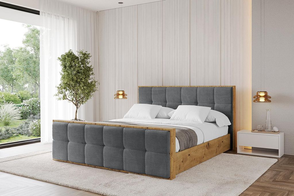 ALTDECOR Polsterbett mit Bettkasten - ENZO7-Z - 140x200 Dunkelgrau- Bett mit Matratze H3/H4, Kopfteil und Fußteil, Boxbett, Doppelbett mit Stauraum