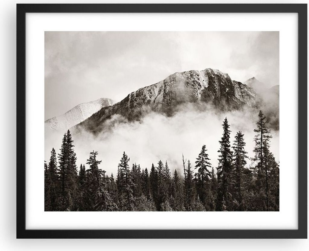Gerahmtes Poster - Schwarzer Rahmen - Nebel Berg Wald - 50x40 cm - Wand Bild - Wanddeko - Wandbilder - Kunstposter - Wandposter - Bilderrahmen - Bi...