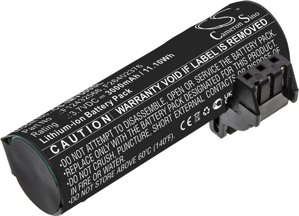 A black cylindrical battery with text and a connector on a white background.