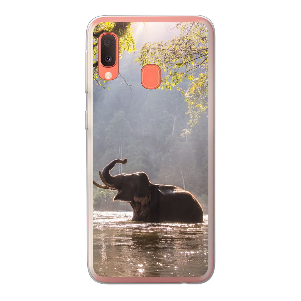 MuchoWow Handyhülle Schutzhülle Hülle für Samsung Galaxy A20e Elefant - Wasser - Tiere - Bäume - Sonne Silikon Softcase Handy Hülle - Abdec...
