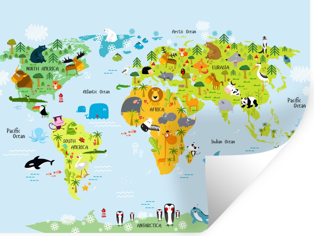 MuchoWow Wandtattoo Wandsticker Wandaufkleber Weltkarte - Kinder - Tiere - Natur - Jungen - Mädchen 160x120 cm Selbstklebend und Repositionierba...
