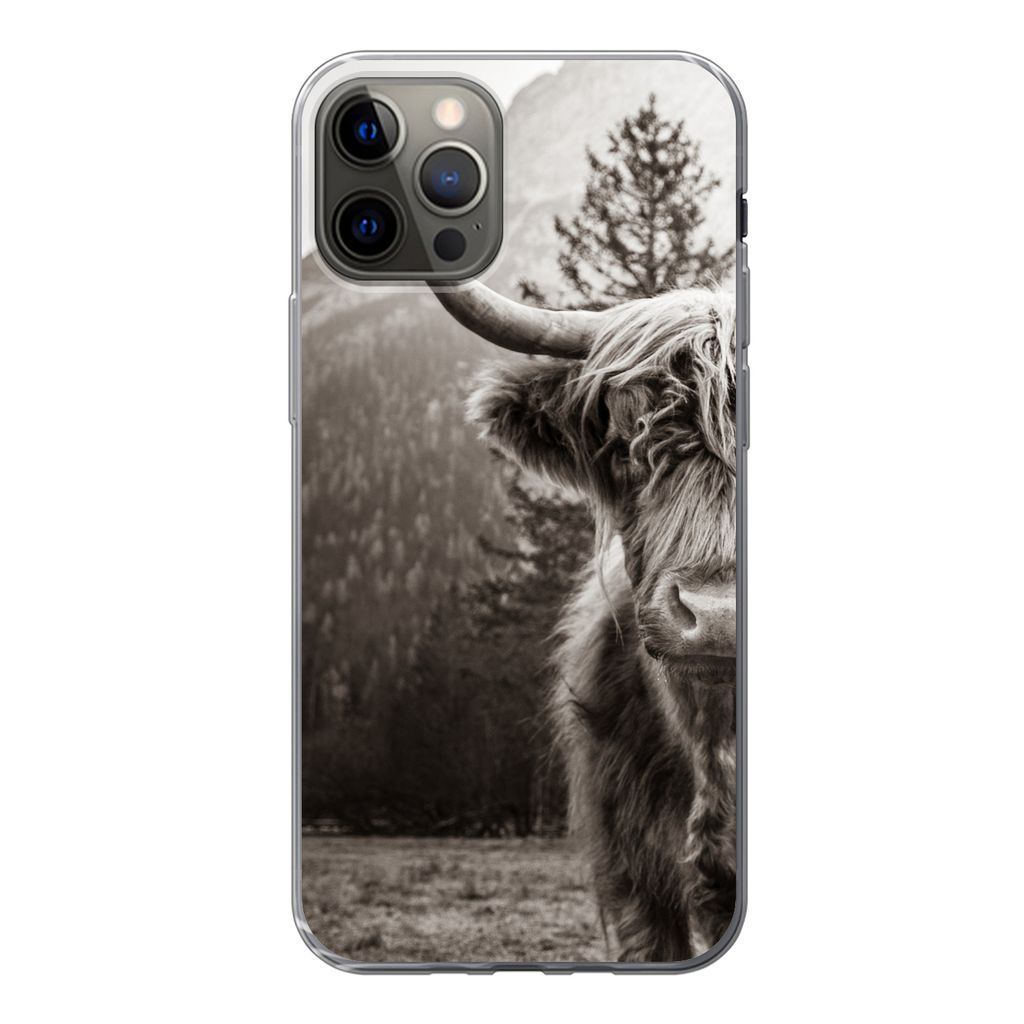 MuchoWow Handyhülle Schutzhülle Hülle für iPhone 13 Pro Scottish Highlander - Stier - Schwarz - Weiß Silikon Softcase Handy Hülle - Handy-T...