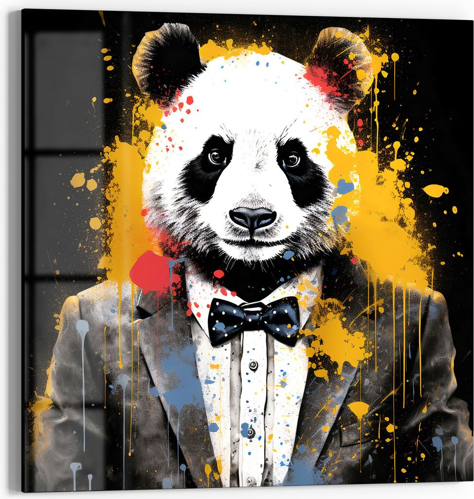 DEQOART Glasbild Echtglas 30x30 cm 'Panda mit Stil' Wandbild Bild modern Deko