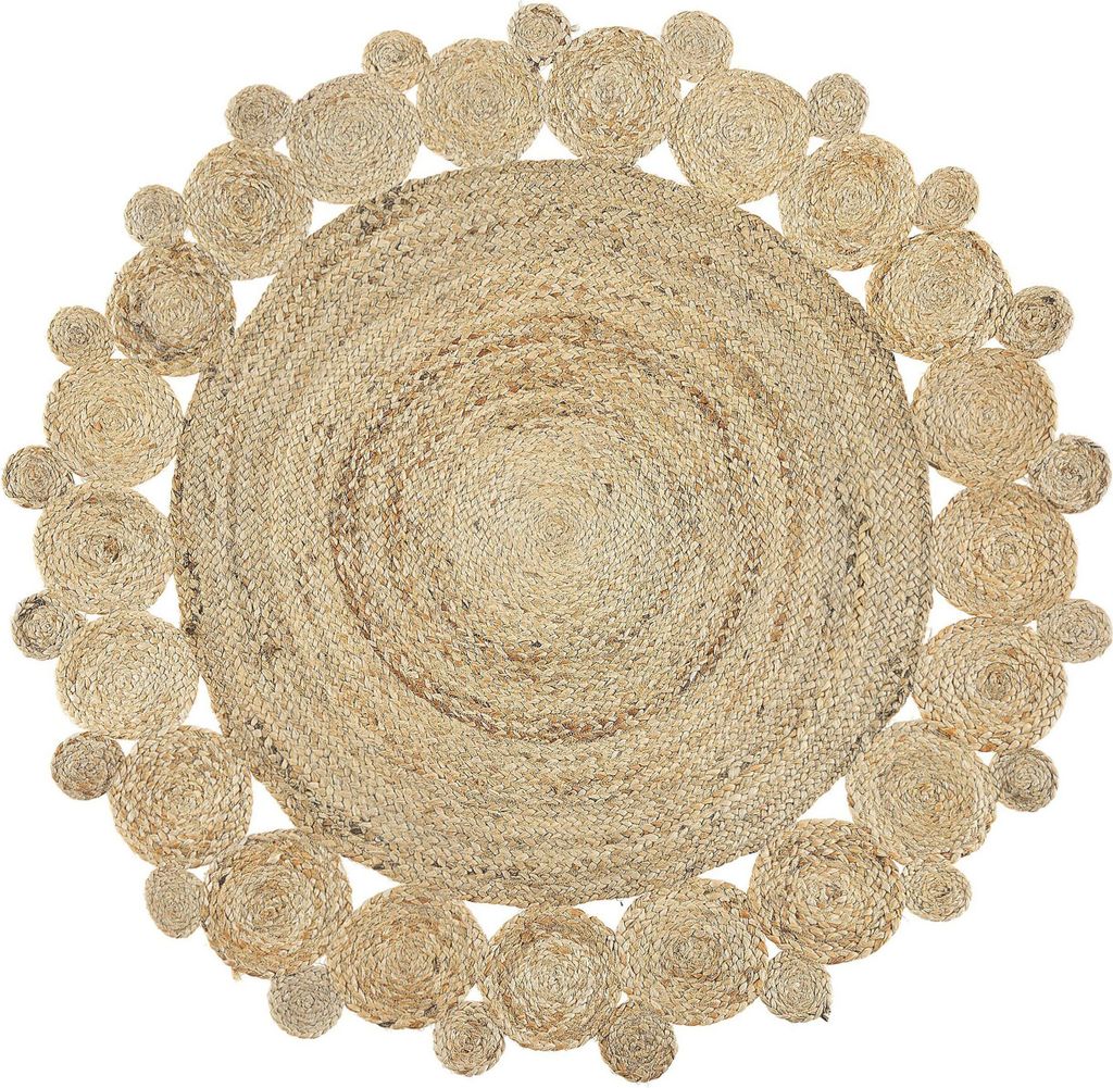 BELIANI Teppich Beige Jute ø 120 cm rund mit Kreismuster Kurzflor Boho Stil Flur Diele Salon Wohnzimmer Arbeitszimmer u. Schlafzimmer
