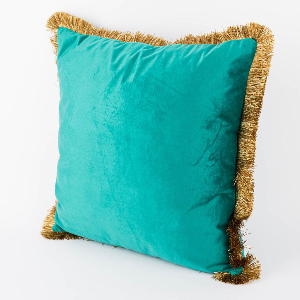 Kissen Samtoptik mit Fransenrand türkis gold 45x45cm