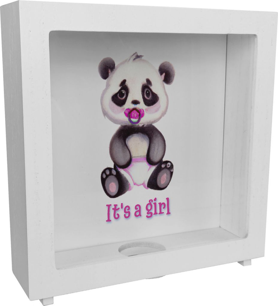 It's a girl Baby Panda Rahmen Spardose aus Holz in rosa