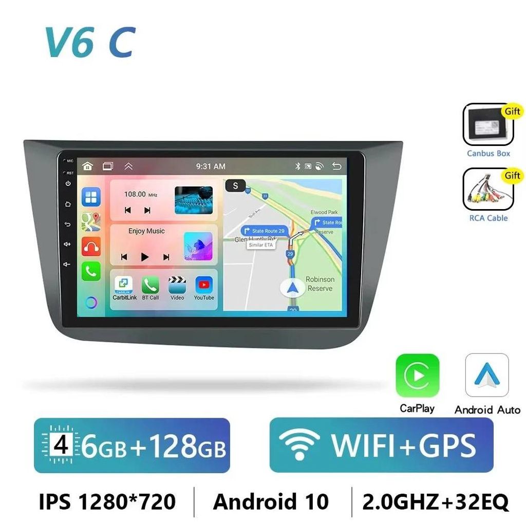 Seat Altea 2004–2015, Toledo 2004–2009 - 2-DIN Android Autoradio - 23 cm Touchscreen - Android 13 - 6 GB RAM 128 GB ROM - 2,0 GHz MTK - GPS - S...