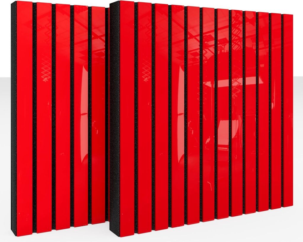 2er-Pack – Lamellen-Akustikpaneel | 50x50x5cm | Schallabsorption – Diffusion – Reflexion – Schalldämmung | [SLATO | Rot glänzender Kunsts...