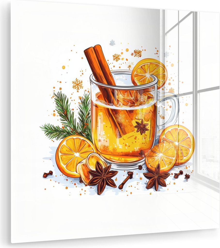 MuchoWow Glasbilder - Bilder auf Wandbild - Foto auf Glas Heiß - Tee - Orange - Zimt 50x50 cm Wanddekoration aus Glas - Acrylglasbild - Acrylbilde...