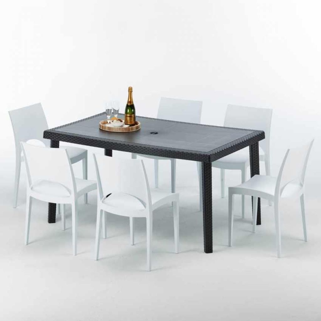 Poly Rattan Tisch Rechteckig mit 6 Bunten Polyrattan Stühlen 150x90 Schwarz