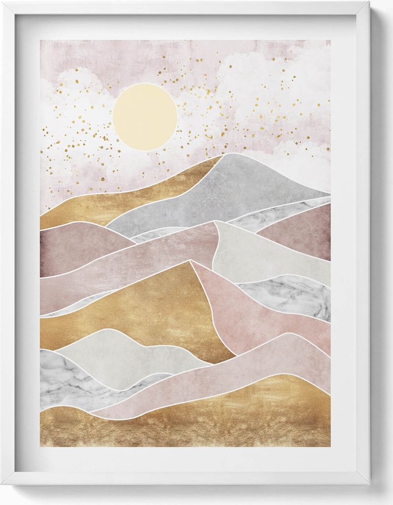 Abstrakte Wüsten- und Sonnenlandschaft– Wandbild mit Rahmen – Gerahmtes Bild – Wanddekoration – 60x80 cm – Weiß Rahmen