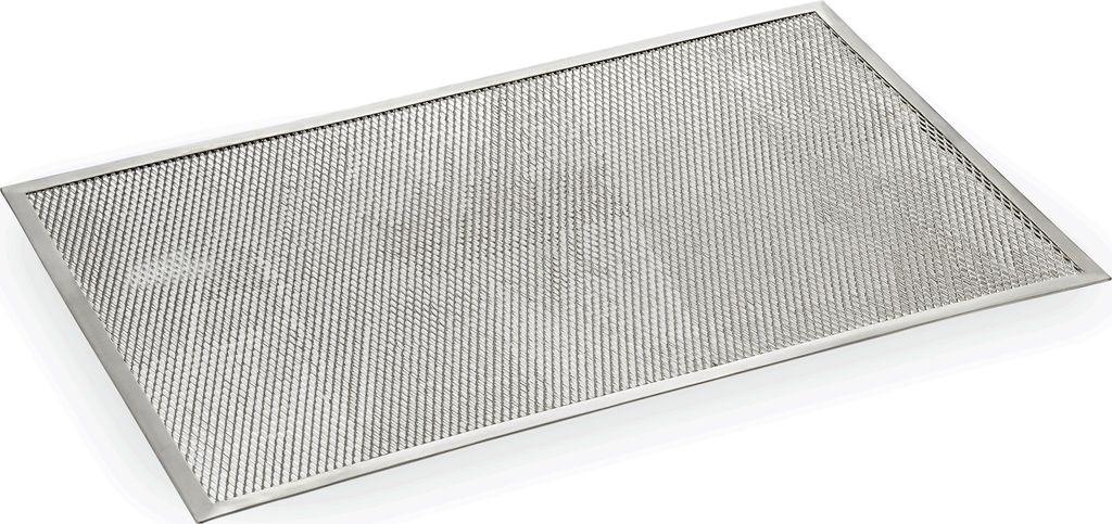 A rectangular aluminum pizza screen with a fine mesh perforation, presented on a white background.
