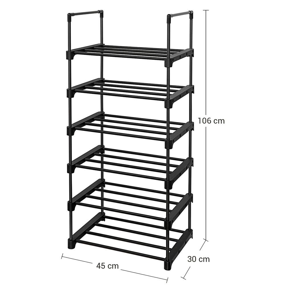 A black, multi-tiered shoe rack with dimensions indicated.