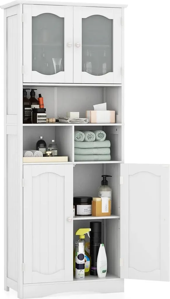 Armoire haute de salle de bain blanche à 4 portes avec tablette réglable