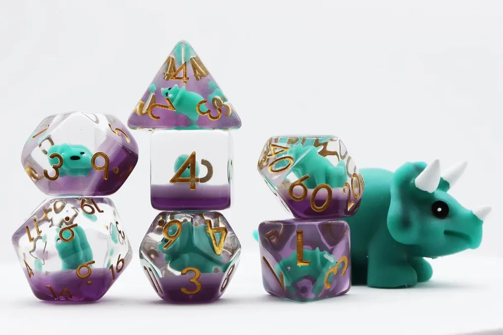 Dés de JdR vert Triceratops Foam Brain Games - Design Dinosaure RPG
