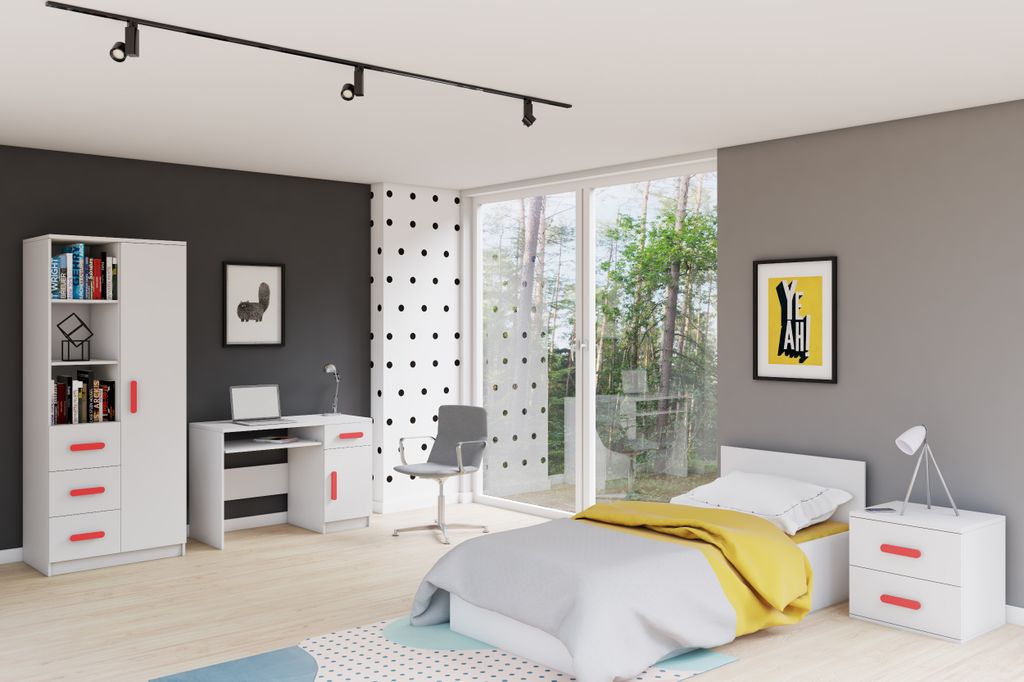 Kinderzimmer-Set Bett, Nachttisch, Schrankregal, Schreibtisch mit roten Griffen Weiß/Weiß ohne Matratze JONAS I 01