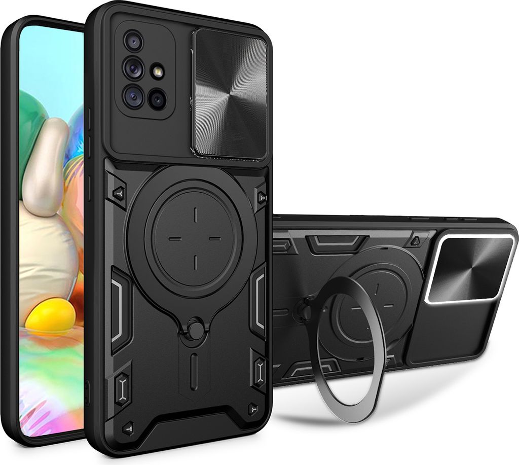 Handyhülle für Samsung Galaxy A71 4G Dual-Layer Stoßfest Rüstung Hülle mit Dia Kameraschutz und Kreisförmig Ring Ständer Schwarz