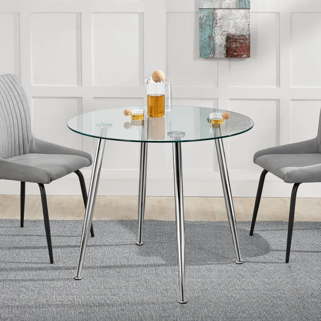 Petite table à manger ronde en verre et métal chromé style moderne