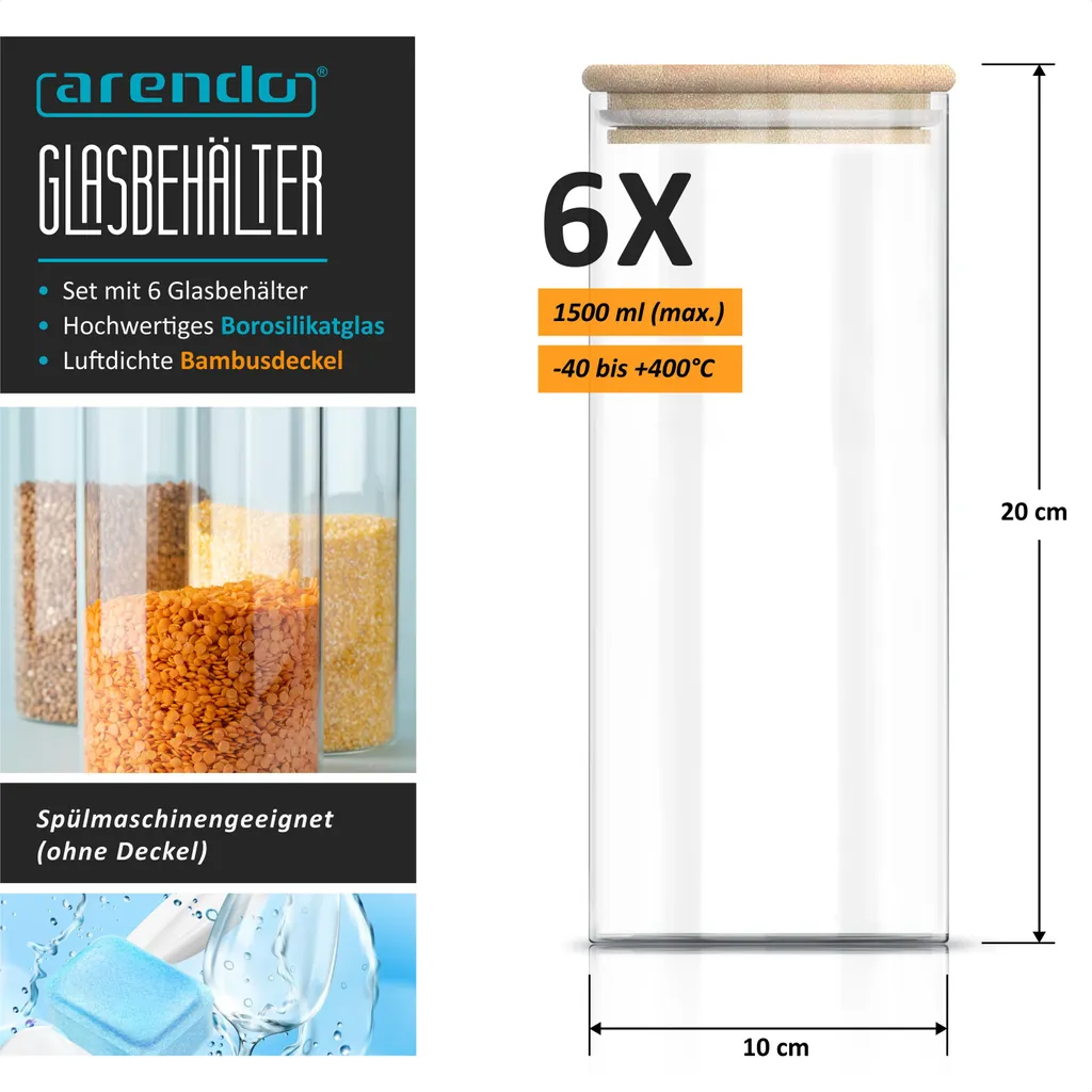 Arendo barattoli per la conservazione, set di barattoli in vetro 6x 1,5 litri borosilicato, coperchio in bambù, adesivo e pennarello, set di 6, resistenti al calore, ermetici, adatti al microonde e al lavaggio in lavastoviglie - 2
