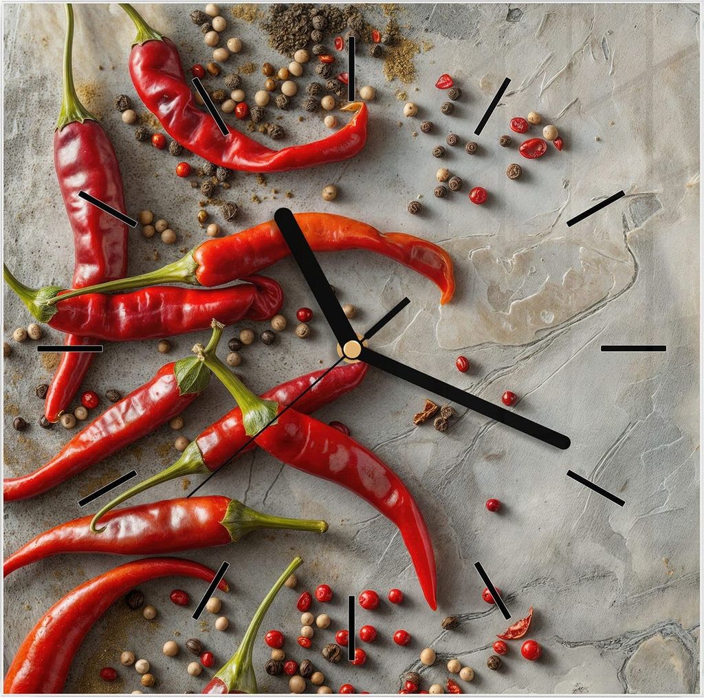 Wanduhr aus Glas mit Motiv Chili Schoten- 30 x 30 cm - inkl. Aufhängesystem