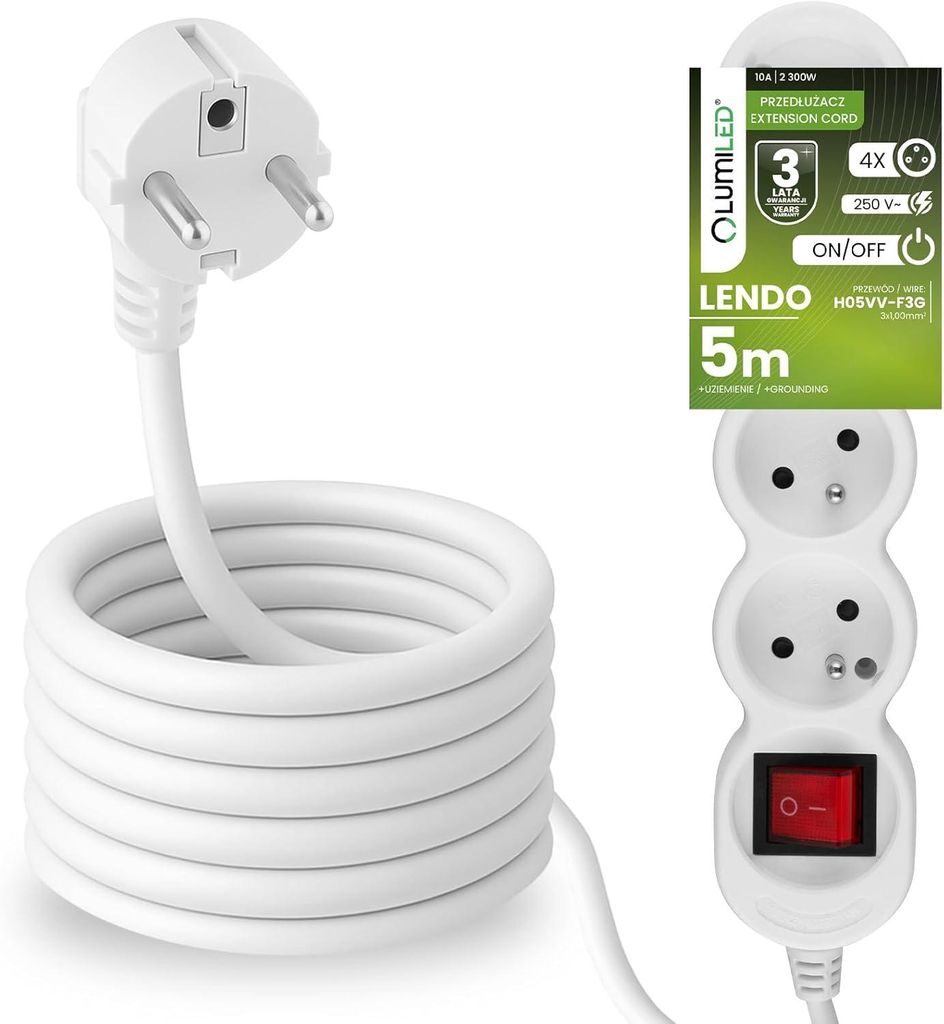 LUMILED Steckdosenleiste mit ON/OFF Schalter 4-Fach Steckdose Typ E, 5m Kabel H05VV-F3G, Weiß, Mehrfachsteckdose E Stecker 10A 2300W 250V IP20 Hal...