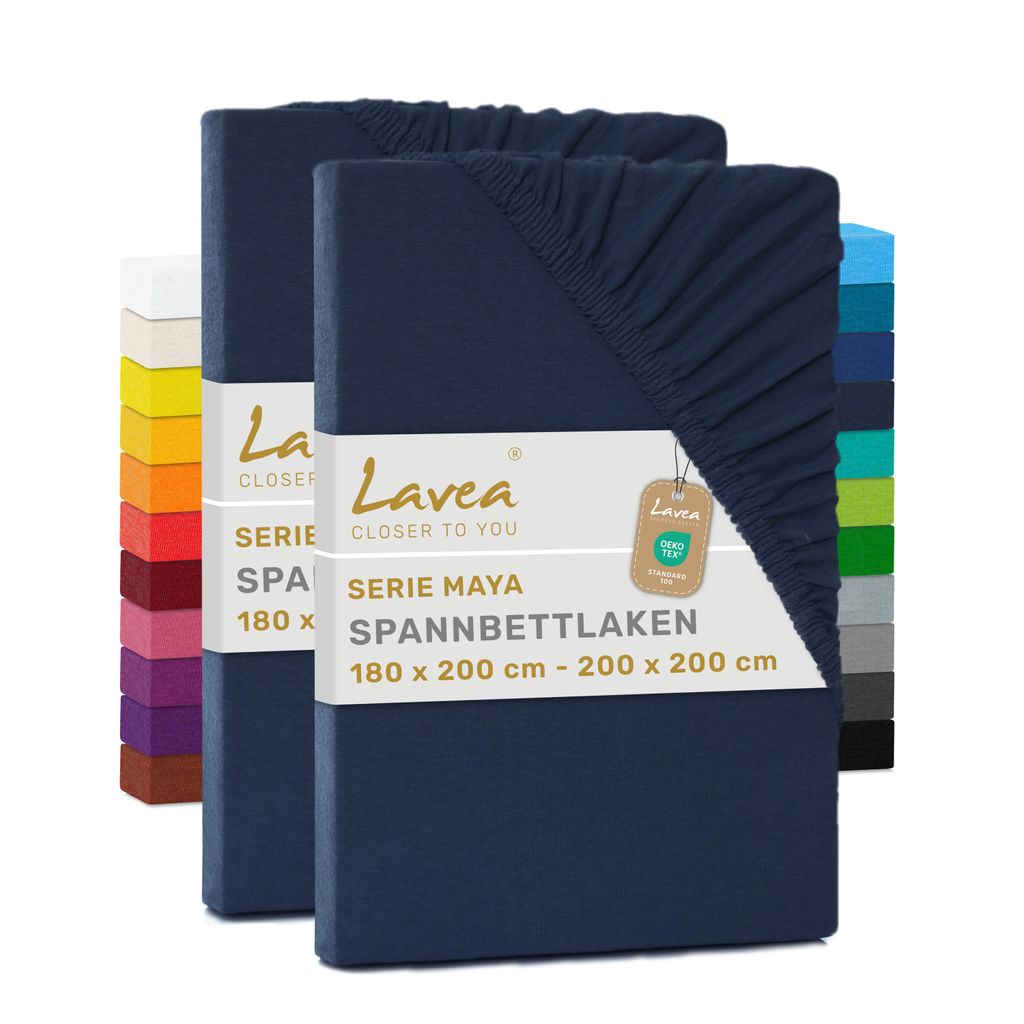 Lavea 2er Pack Spannbettlaken 180x200cm - 200x200cm, Bettlaken 100% Baumwolle Jersey, mit Rundumgummizug, für Matratzen bis 20 cm Höhe, weich, ...