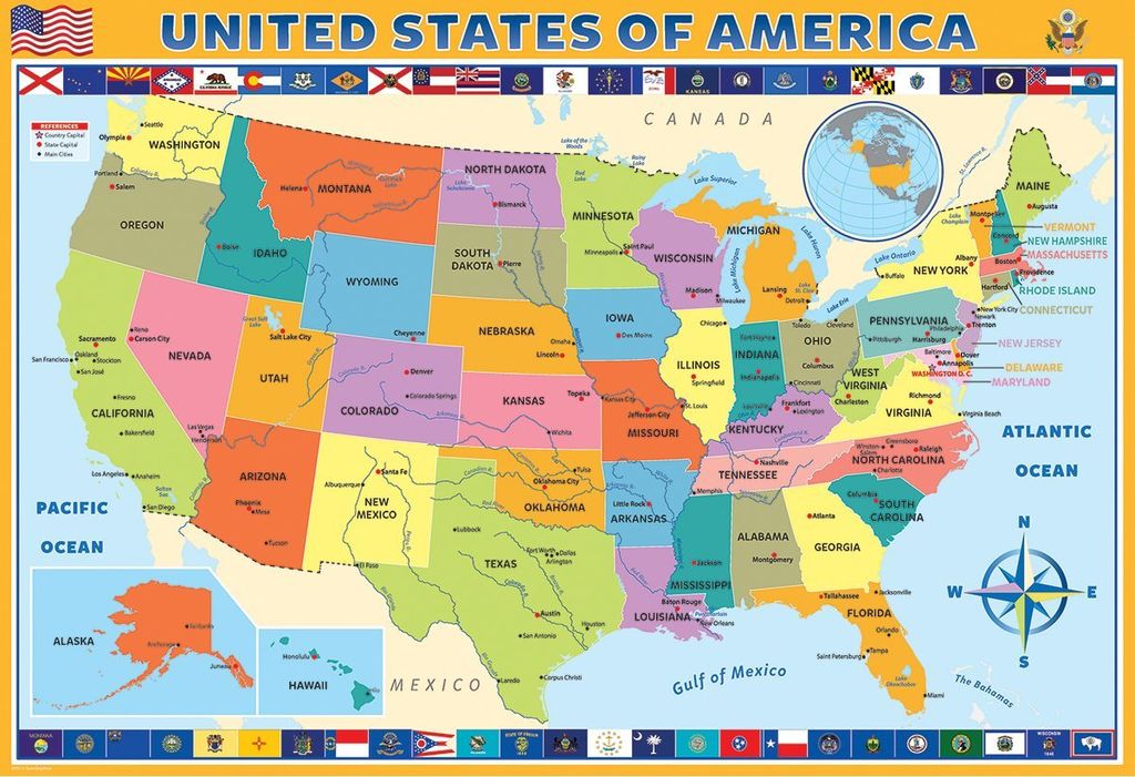 A colorful map of the United States of America showing all the states with their names and borders. It also includes inset maps of Alaska and Hawaii, and a globe showing North America. The map is surrounded by flags and decorative elements.