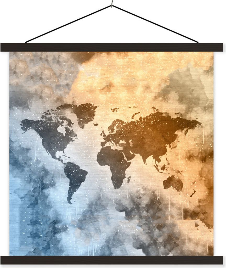 MuchoWow Textilposter Weltkarte - Abstrakt - Farben 60x60 cm mit schwarzem Rahmen - Posteraufhänger