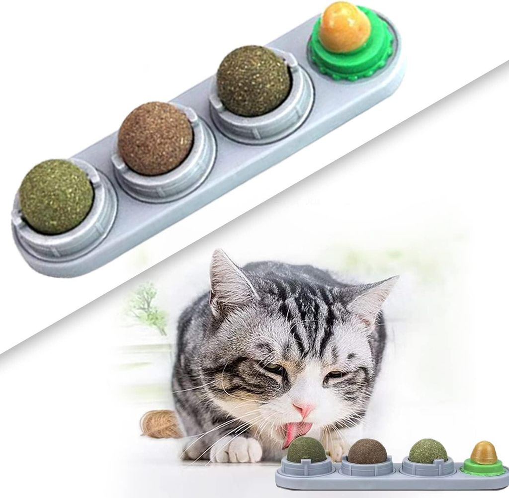 4-teiliger essbarer Katzenminze-Wandball für Katzen zur Zahnreinigung und Magenpflege drehbares Katzensnacks-Spielzeug enthält Zucker/Katzenminze...