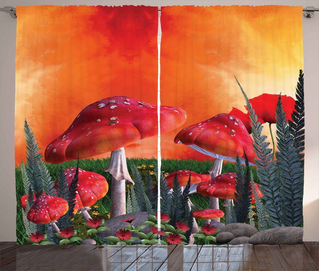 ABAKUHAUS Pilz Rustikaler Gardine, Wolken Blätter Mohnblumen, Schlafzimmer Kräuselband Vorhang mit Schlaufen und Haken, 280 x 175 cm, Orange Rot ...