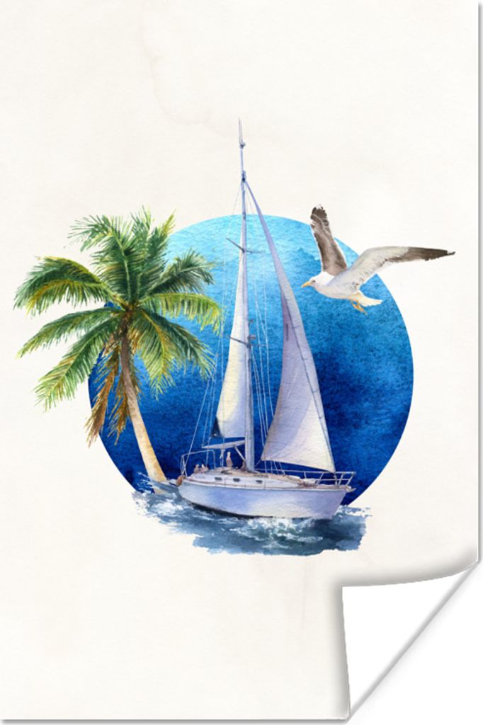 MuchoWow Poster Segelboot - Meer - Aquarell 40x60 cm - Plakate für die Wand - Poster Babyzimmer