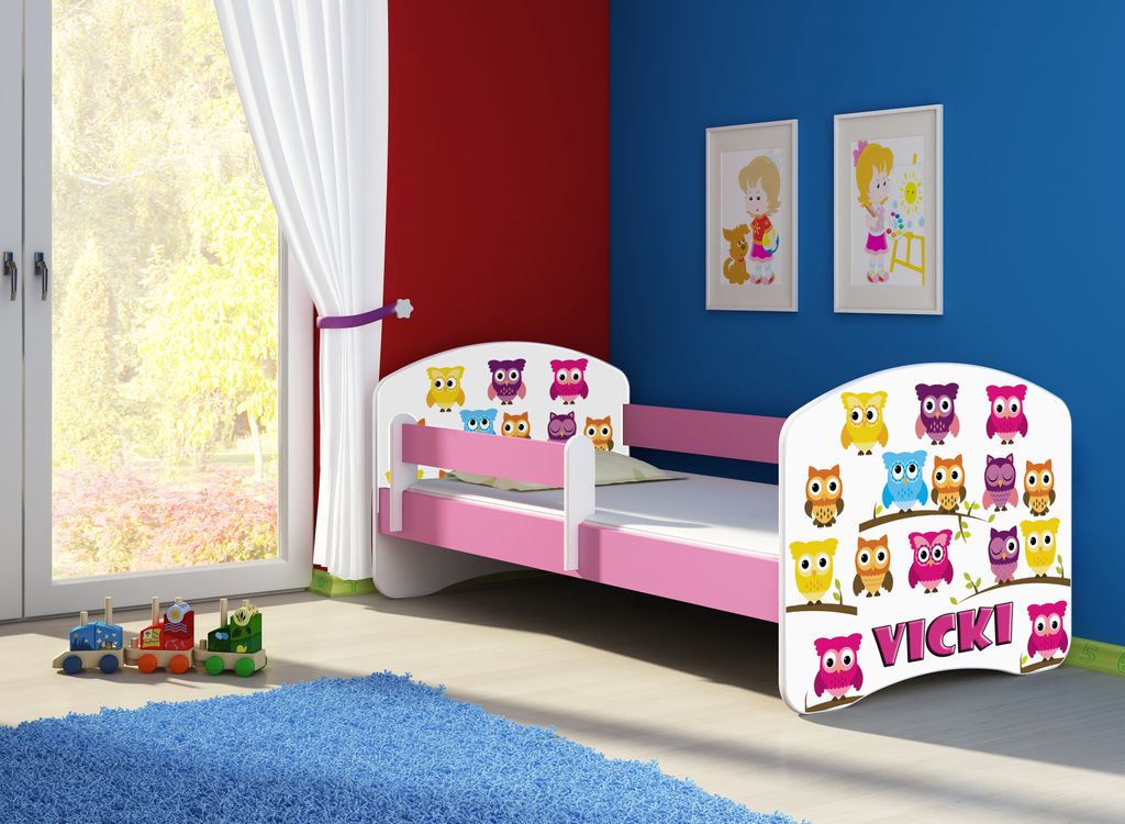 ACMA Jugendbett Kinderbett Junior-Bett Komplett-Set mit Matratze Lattenrost und Rausfallschutz Rosa 31 Eule 140x70