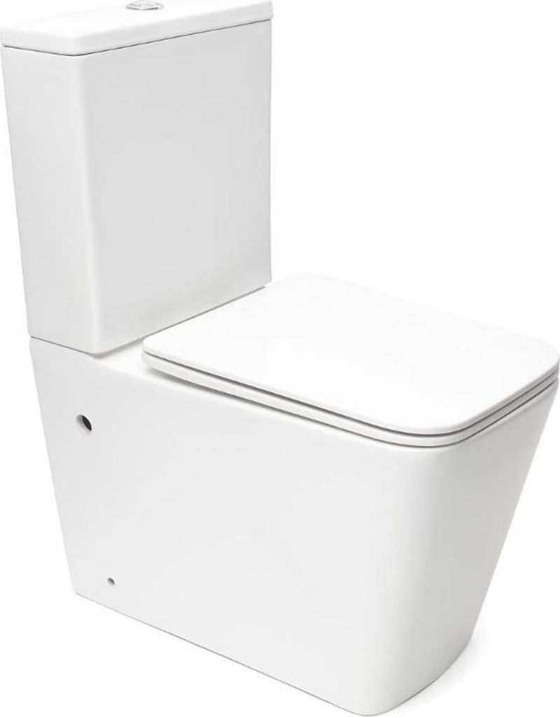 SAT Infinitio Stand-WC mit Spülkasten Kombi-WC Toilette Eckig spülrandlos bodenstehend Wasseranschluss von unten SoftClose WC-Sitz, weiß