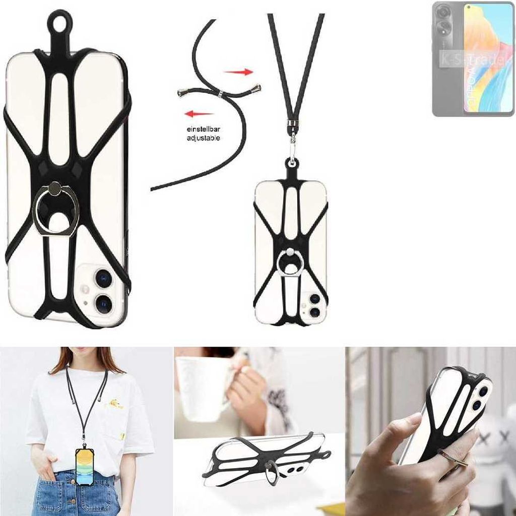 K-S-Trade 3in1 Handykette Handyband Handykordel Halsband Smartphone-Ring Handy-Ring kompatibel mit Oppo A78 4G Fingerhalterung Handyring Tischständer
