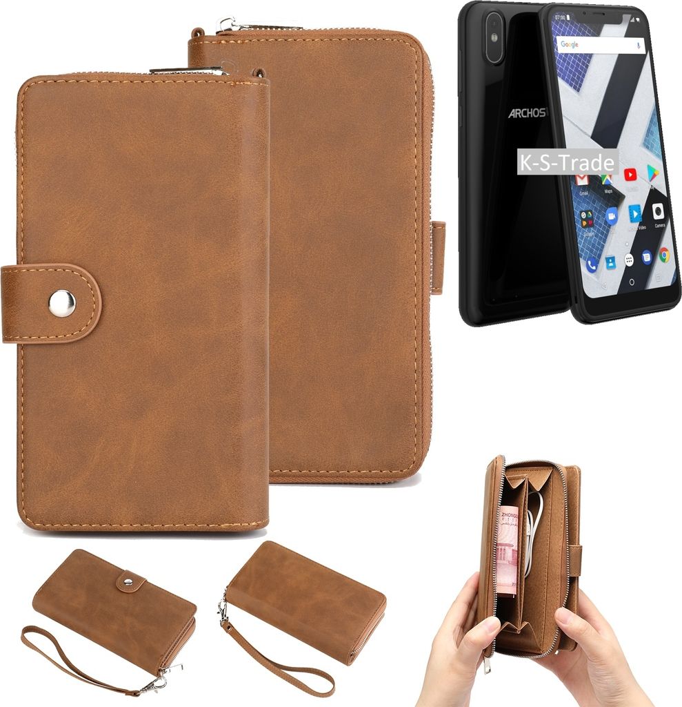 K-S-Trade Handyhülle Schutzhülle kompatibel mit Archos Core 62S & Portemonnee Tasche Handytasche Case Etui Geldbörse Wallet braun (1x)