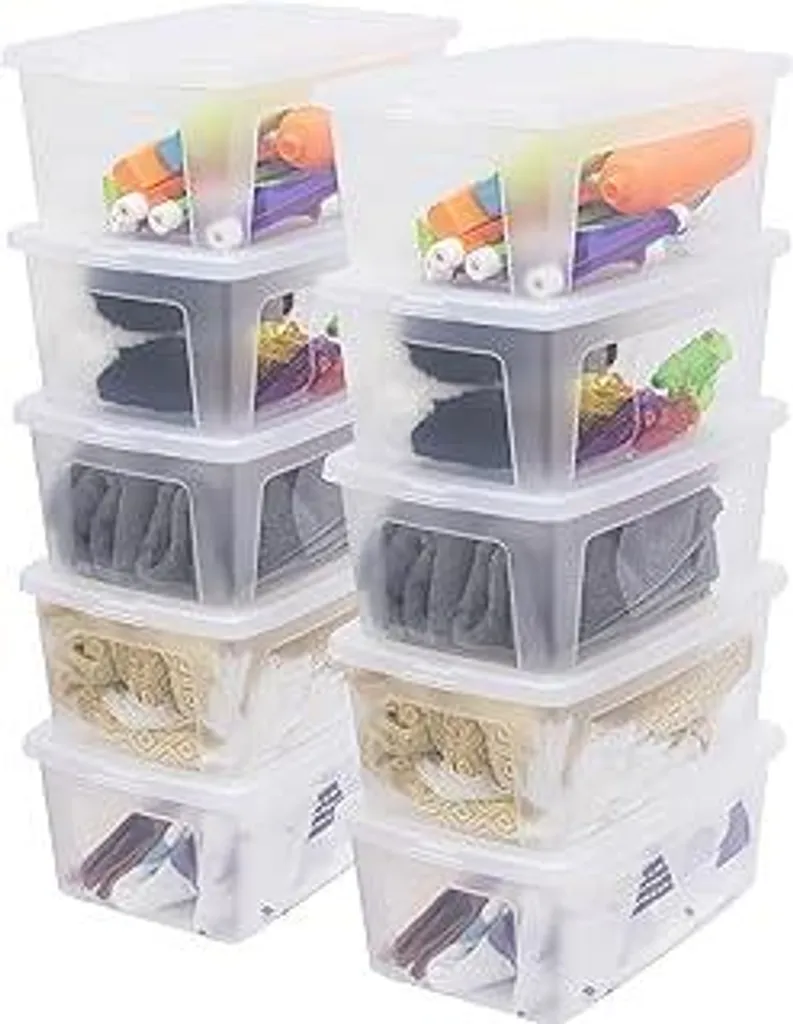 Iris Ohyama Scatole portaoggetti multiuso, 11 L, set da 10, trasparenti, coperchio facile da chiudere, impilabili, plastica, per armadi, scaffali, aule, organizzazione, materiale artistico, scarpe, MCB-11