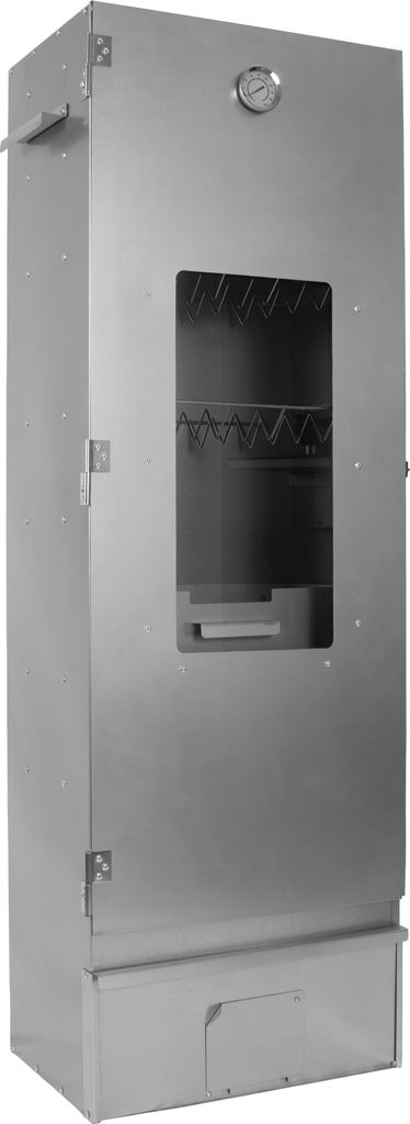 A full-shot, black and white image of a stainless steel smoker.