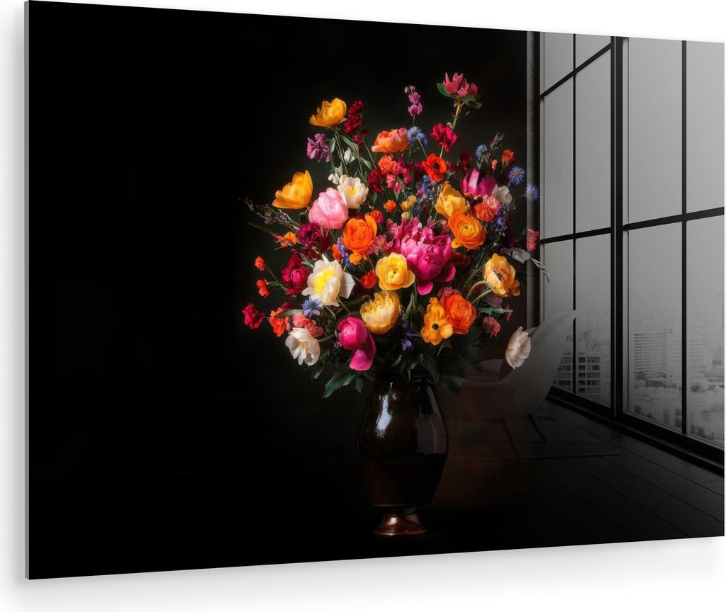 MuchoWow Glasbilder - Bilder auf Wandbild - Foto auf Glas Bunt - Blumenstrauß - Vase - Dunkelbraun 120x80 cm Wanddekoration aus Glas - Acrylglasbi...