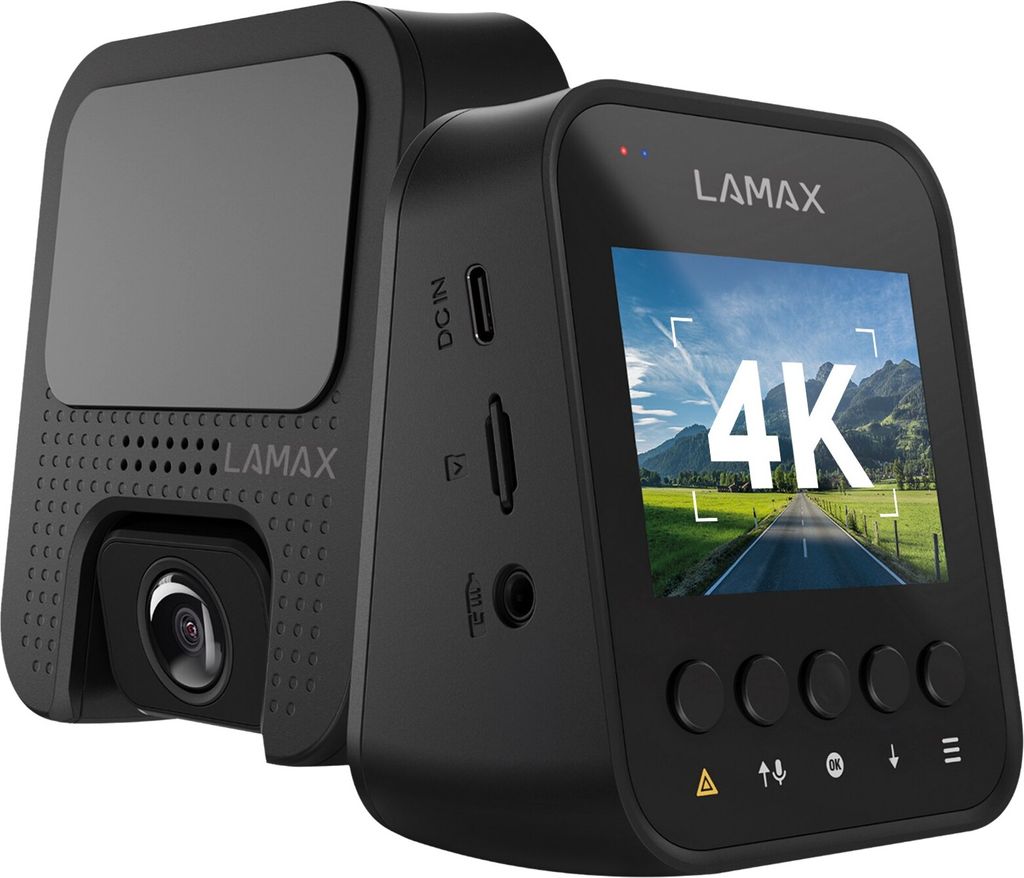 Two black dashcams are shown, one in front of the other. The front dashcam has a screen displaying "4K" and a road scene.