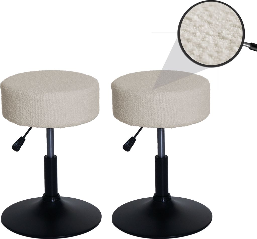 2er-Set Hocker HWC-C22, Sitzhocker Schminkhocker, höhenverstellbar drehbar Ø 37cm Stoff Bouclé 450g/m² creme-weiß