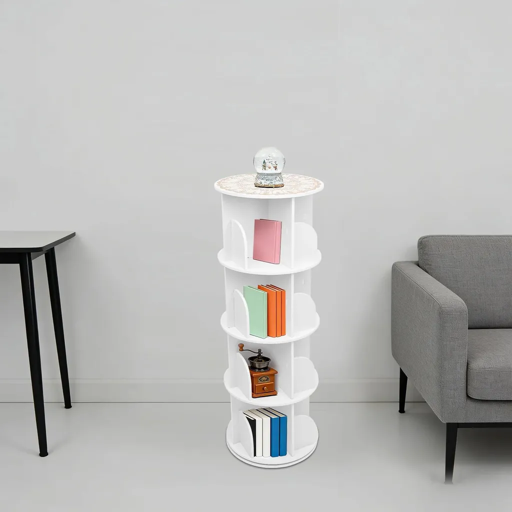 Étagère de rangement rotative 360° en bois blanc avec 4 compartiments